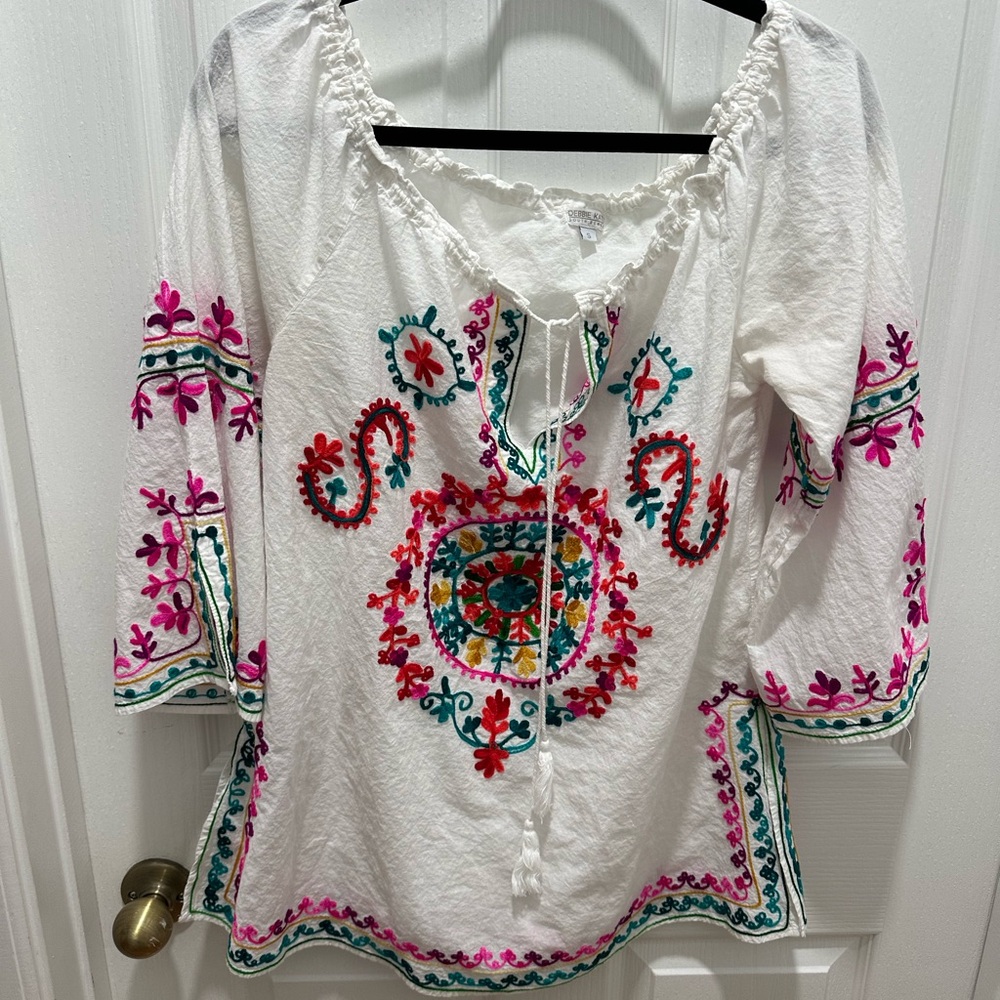 Debbie Katz South Beach GORGEOUS Embroidered White Boho Tunic Top